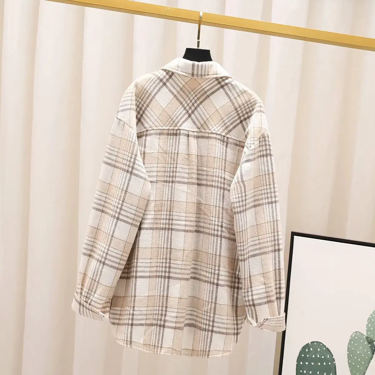 Thickened Plaid Shirt Women's Autumn Winter Vintage HongKong Style Woolen Outerwear Loose Fit Top Jacket Versatile Coat