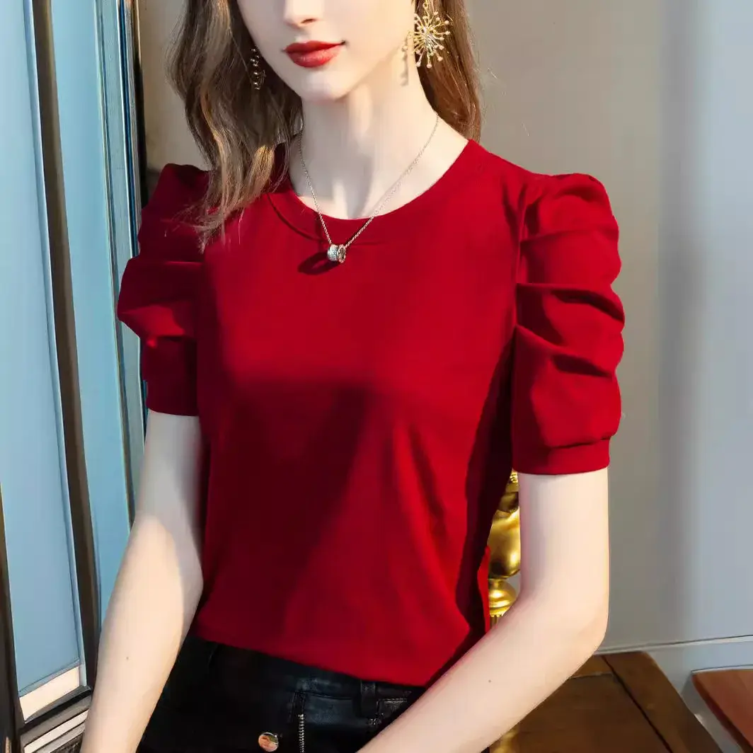 Women's Short Sleeve T-Shirt Summer Hot Sale Of The Season New Vintage Pleated Bubble Sleeve Design Unique Top Small Audience Cr