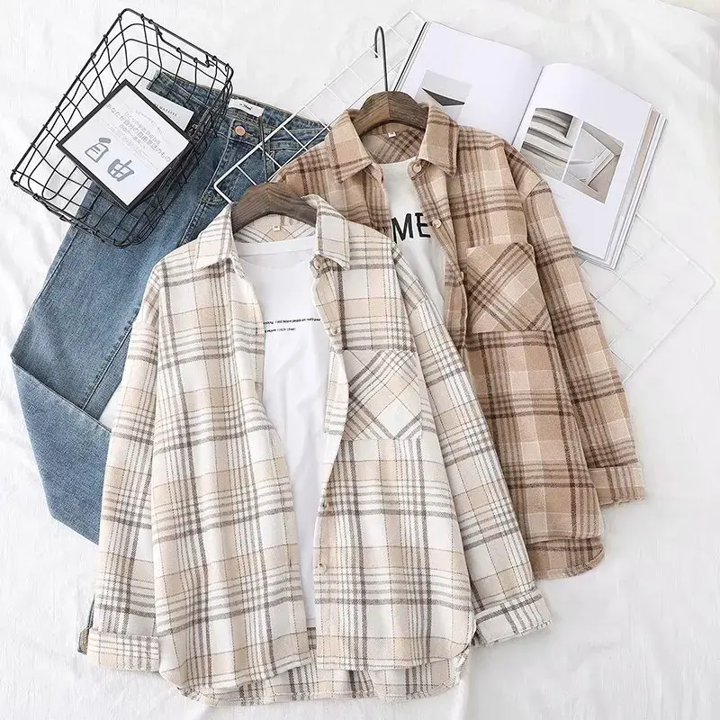 Thickened Plaid Shirt Women's Autumn Winter Vintage HongKong Style Woolen Outerwear Loose Fit Top Jacket Versatile Coat