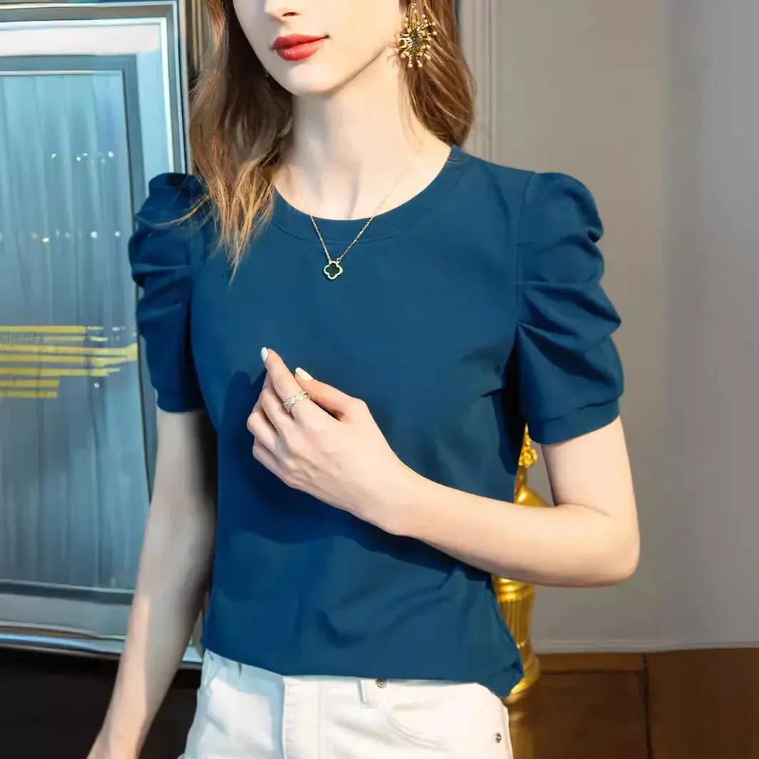 Women's Short Sleeve T-Shirt Summer Hot Sale Of The Season New Vintage Pleated Bubble Sleeve Design Unique Top Small Audience Cr