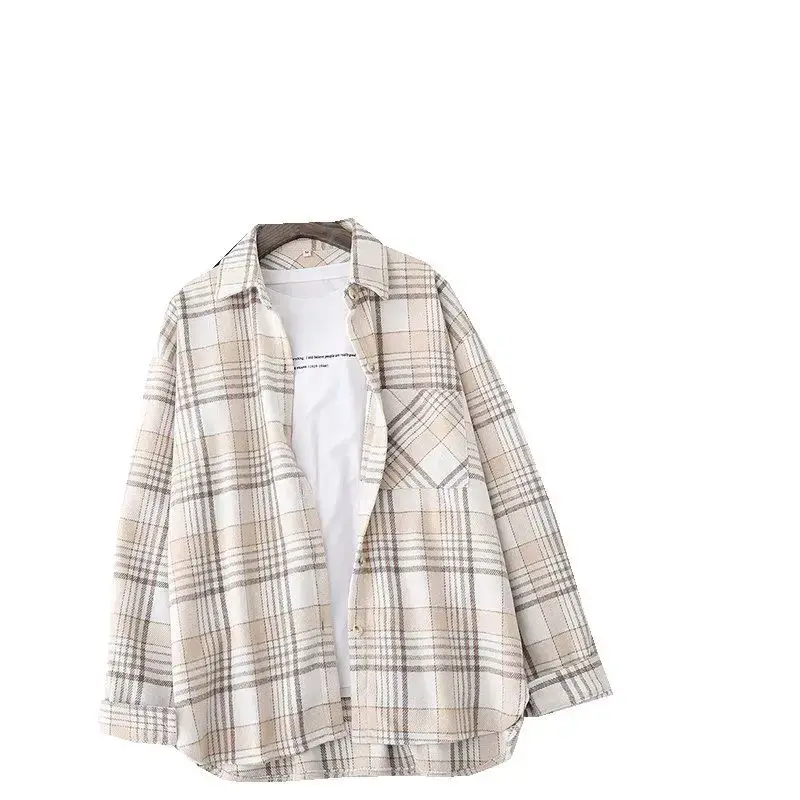 Thickened Plaid Shirt Women's Autumn Winter Vintage HongKong Style Woolen Outerwear Loose Fit Top Jacket Versatile Coat