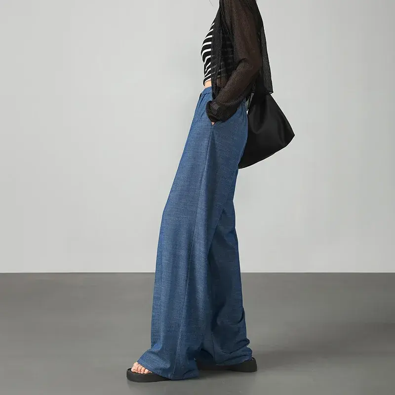 Tencel Ice Silk Wide Leg Casual Pants Women's Summer Thin Loose Jeans Simple Design Comfortable Fit Long Trousers
