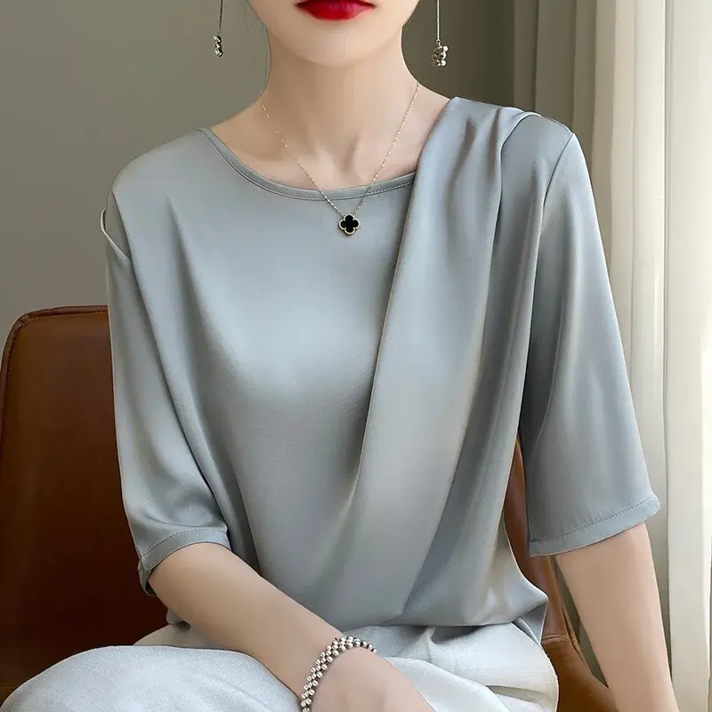 Silk Satin Short Sleeve T-Shirt Women Non-Acetate True Silk Five-Part Sleeve Short Shirt Women Summer Top Design Sense
