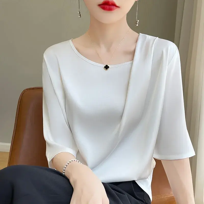 Silk Satin Short Sleeve T-Shirt Women Non-Acetate True Silk Five-Part Sleeve Short Shirt Women Summer Top Design Sense