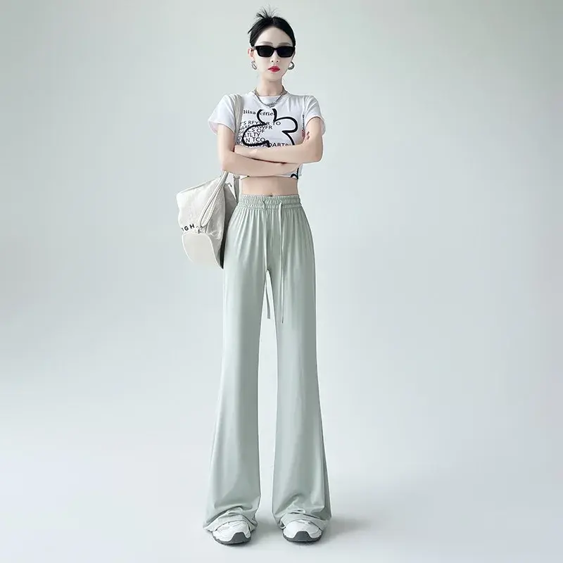 Silk Satin Acetate Pants Women Summer Thin New Small Size Draping Cool Sun Protection Ice Silk Micro Flared Pants