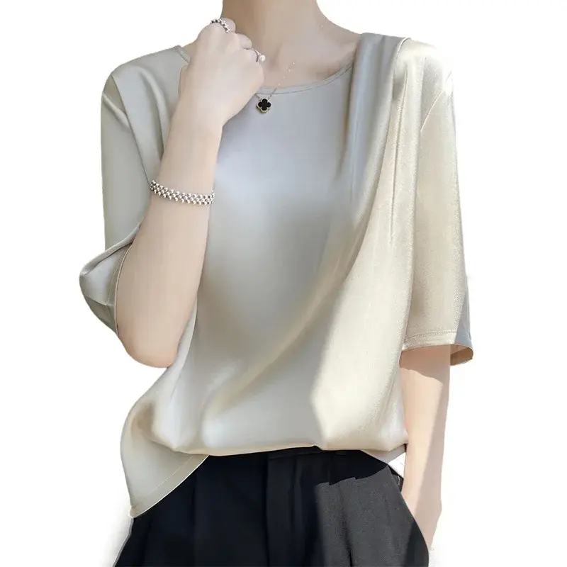 Silk Satin Short Sleeve T-Shirt Women Non-Acetate True Silk Five-Part Sleeve Short Shirt Women Summer Top Design Sense