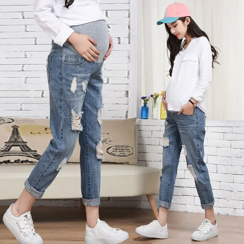 Maternity Jeans Spring Autumn Collection New Fashionable Straight-Leg Trendy Mommy Ripped Cropped Pants Loose Fit Short Length