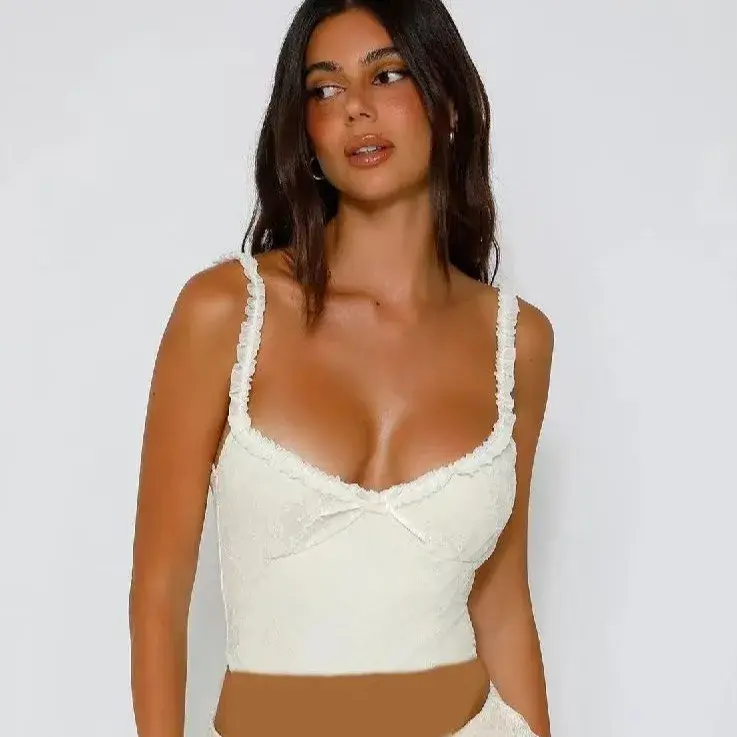 Spring Summer 2024 Sexy Lace Halter Top Women's Fashion Y2K Cross-Border Vest Polyester Blend Ruffles Decoration Casual Wear