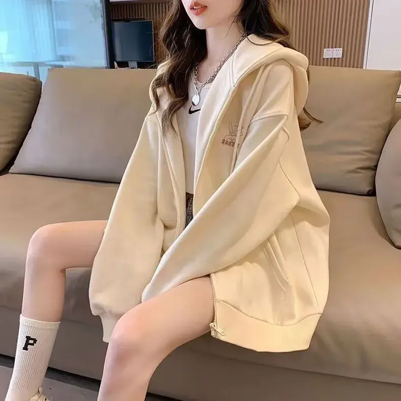 American Style Loose Hoodie Sweatshirt Women Casual Spring Autumn New Style David Coat Cardigan 190g Full Sleeve Polo Collar