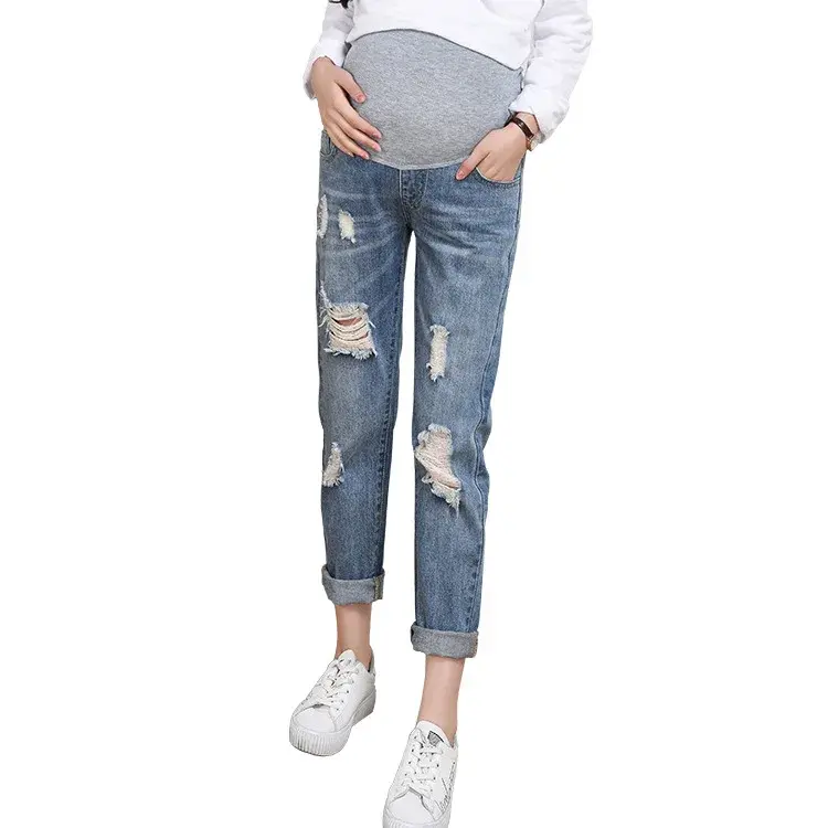 Maternity Jeans Spring Autumn Collection New Fashionable Straight-Leg Trendy Mommy Ripped Cropped Pants Loose Fit Short Length