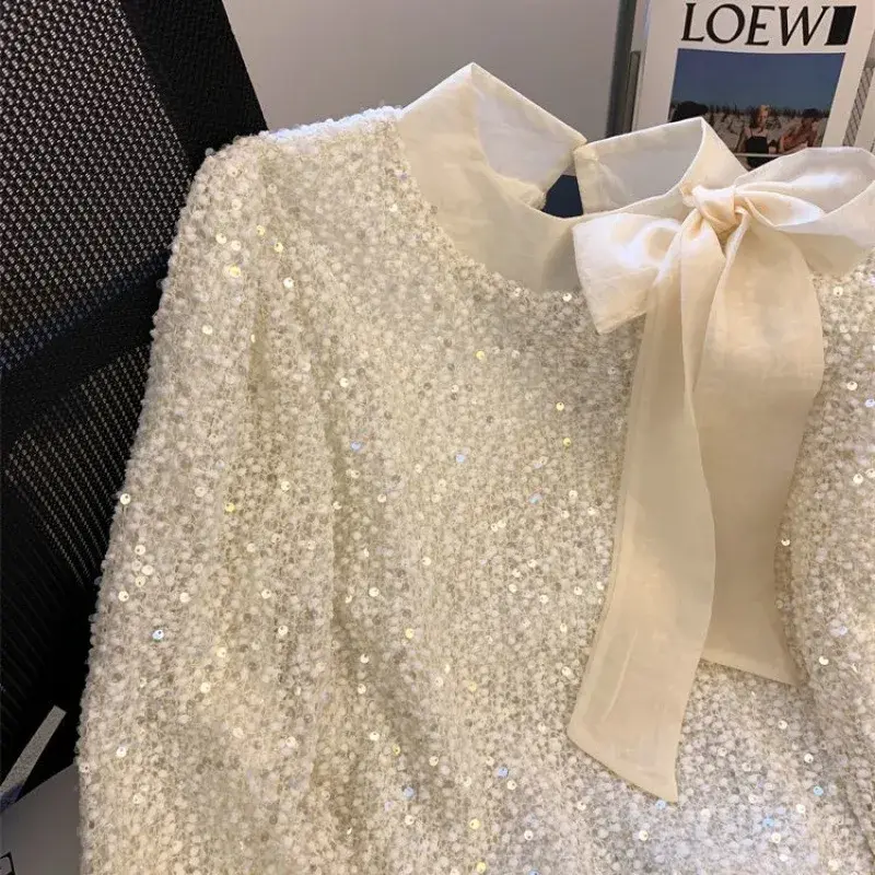 Elegant Long Sleeve Women's Shirt with Butterfly Knot Heavy Embroidery Base Layer Top Korean Style Spring New Arrival
