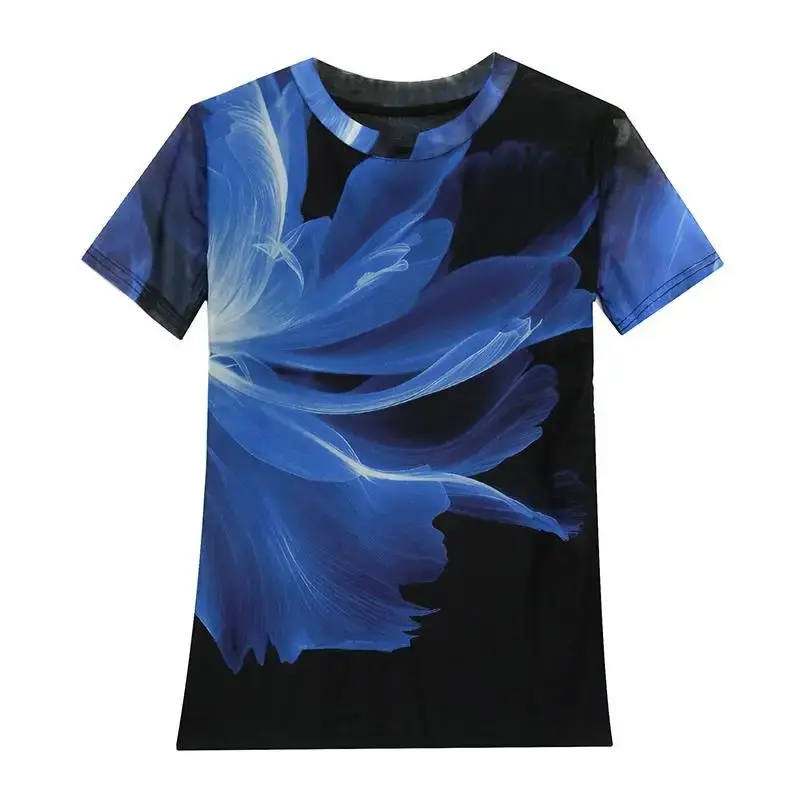 Fashionable Summer 2024 Mesh Printed Positioning Flowers Short Sleeves Round Neck Slimming Stylish Top Trendy