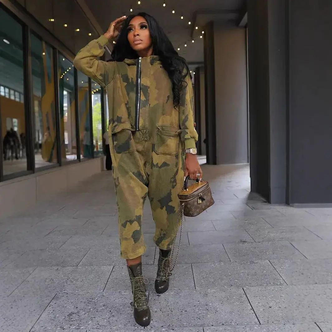 Casual Camouflage Women's Jumpsuit Fashionable Multi-Pocket Half-Zipped Opening Tight Fitting (No Pants) Origin China