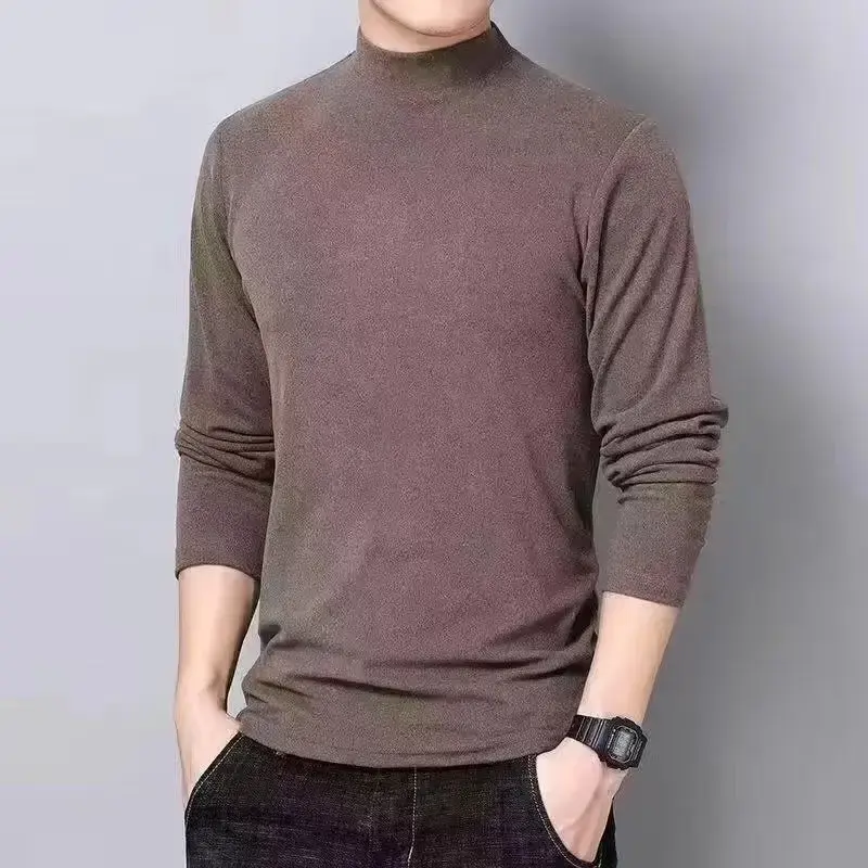 Double-Sided Heated Fleece Thick Men's T-Shirt Sanding Half Polo/Turtle Neck Long Sleeve Autumn/Winter Solid Color Base Layer To