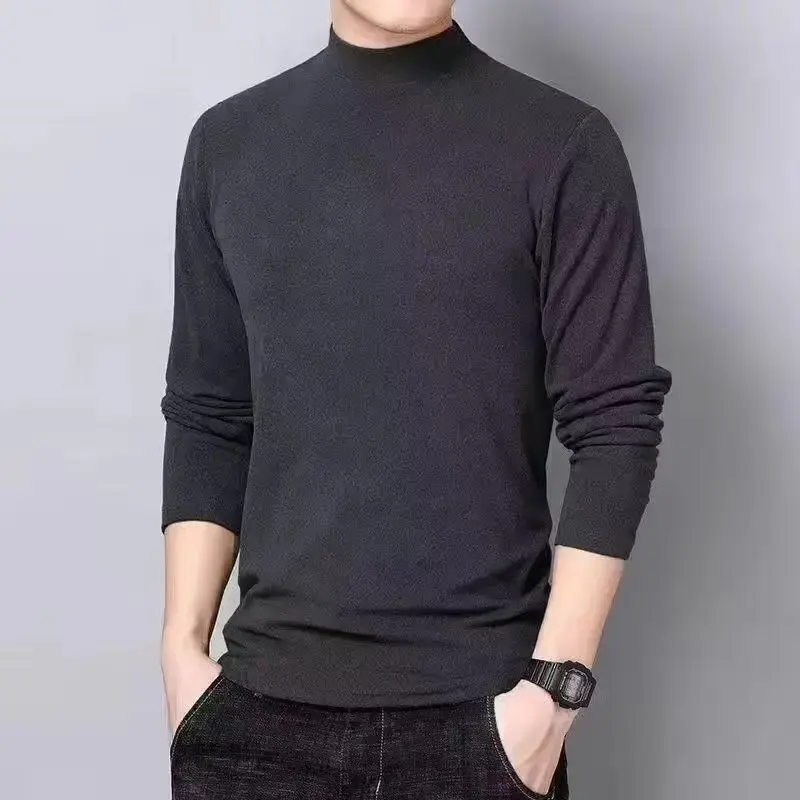 Double-Sided Heated Fleece Thick Men's T-Shirt Sanding Half Polo/Turtle Neck Long Sleeve Autumn/Winter Solid Color Base Layer To