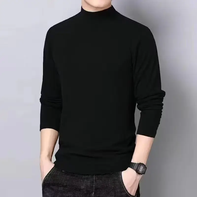 Double-Sided Heated Fleece Thick Men's T-Shirt Sanding Half Polo/Turtle Neck Long Sleeve Autumn/Winter Solid Color Base Layer To
