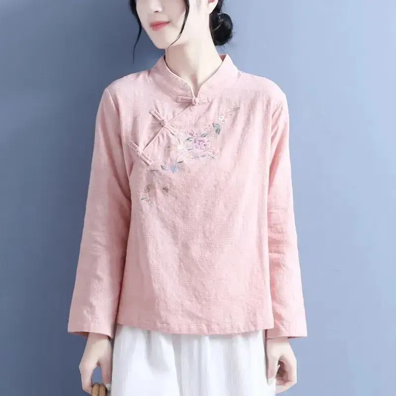 Cotton Linen Autumn Stand Collar Embroidered Long Sleeve Top Women's 2023 New Style Chinese Artistic Vintage T-shirt