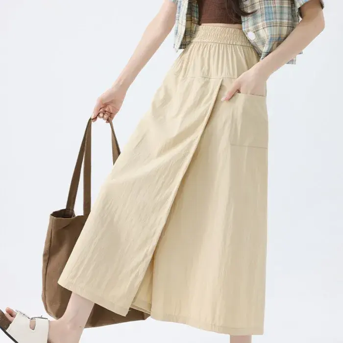 Slimming High Waist Cargo Skirt Pants Women Summer New Style Casual Small Size Wide Leg Pants Half Skirt Split Workwear
