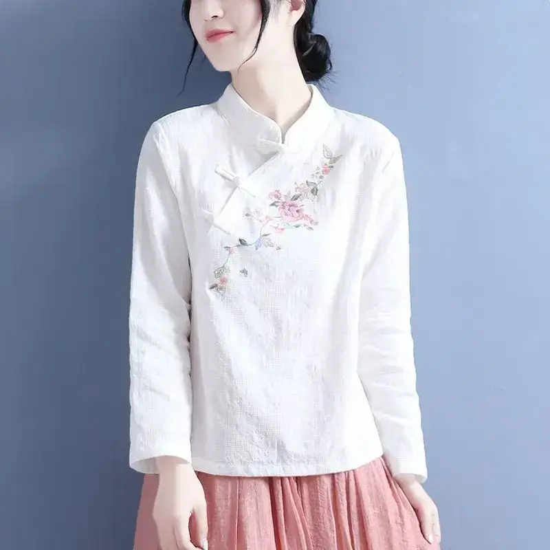 Cotton Linen Autumn Stand Collar Embroidered Long Sleeve Top Women's 2023 New Style Chinese Artistic Vintage T-shirt