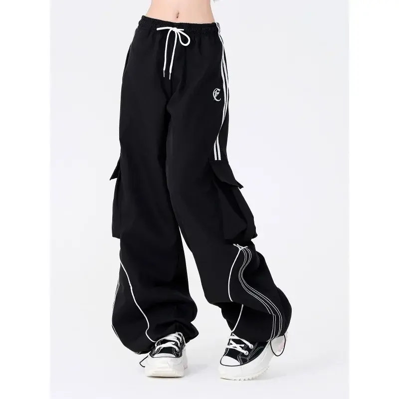 Street Dance Black Drawstring Wide Leg Loose Fit Casual Work Pants Pockets Sweatpants Women's Spring Trendy Brand Hip Hop Floor 