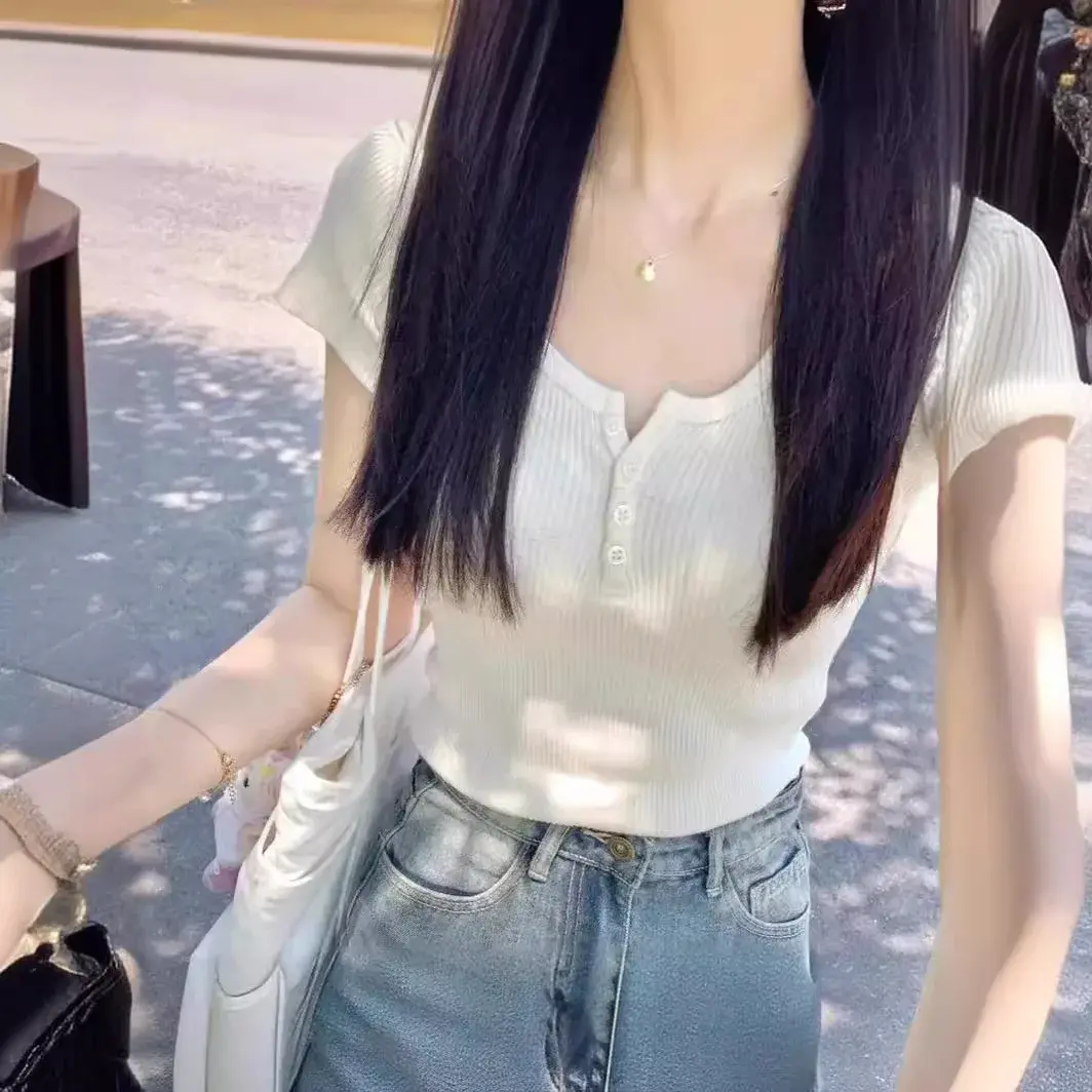 BM Slimming Desire Aesthetic T-Shirt Women's Casual Elegant Short Sleeves Solid Color Polyester Fiber Top Versatile Summer Style