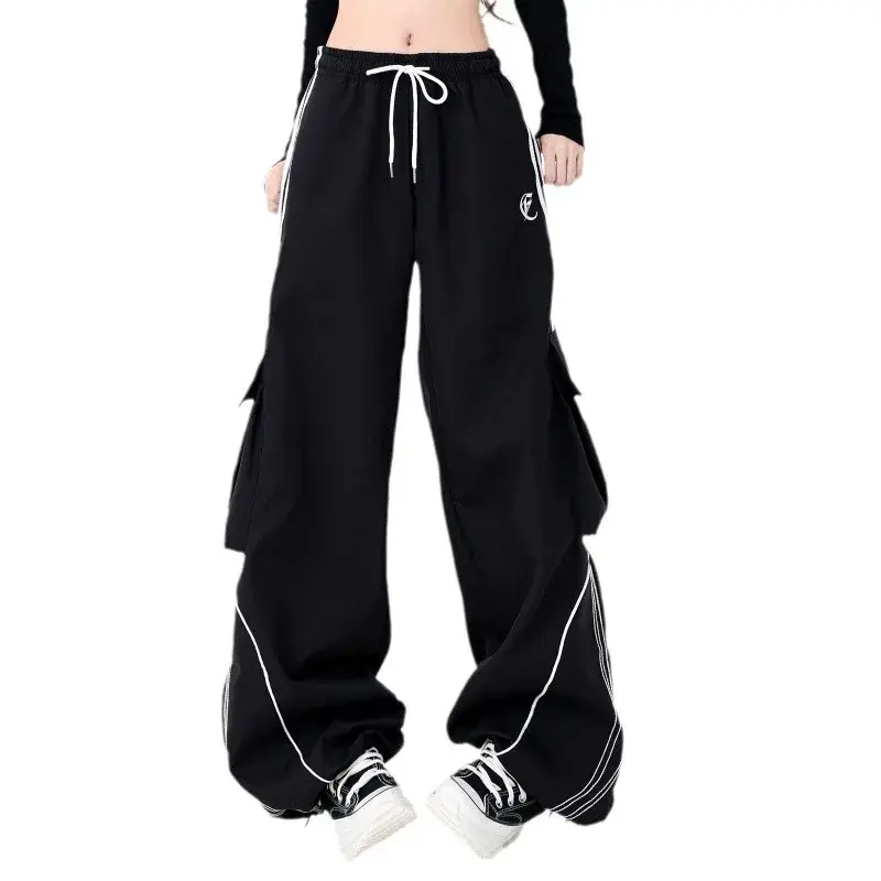 Street Dance Black Drawstring Wide Leg Loose Fit Casual Work Pants Pockets Sweatpants Women's Spring Trendy Brand Hip Hop Floor 