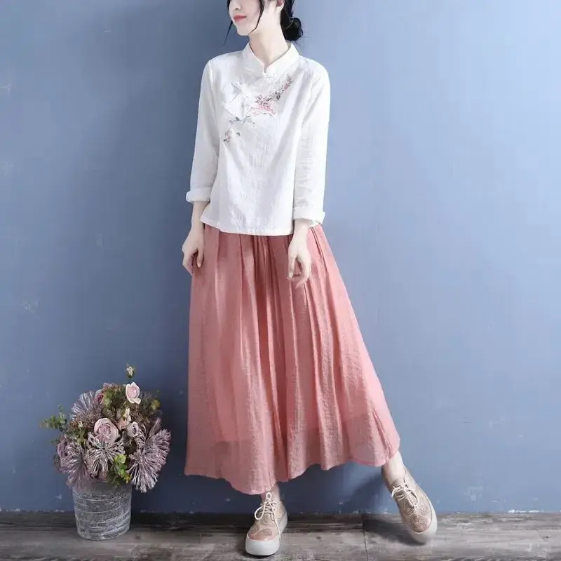 Cotton Linen Autumn Stand Collar Embroidered Long Sleeve Top Women's 2023 New Style Chinese Artistic Vintage T-shirt