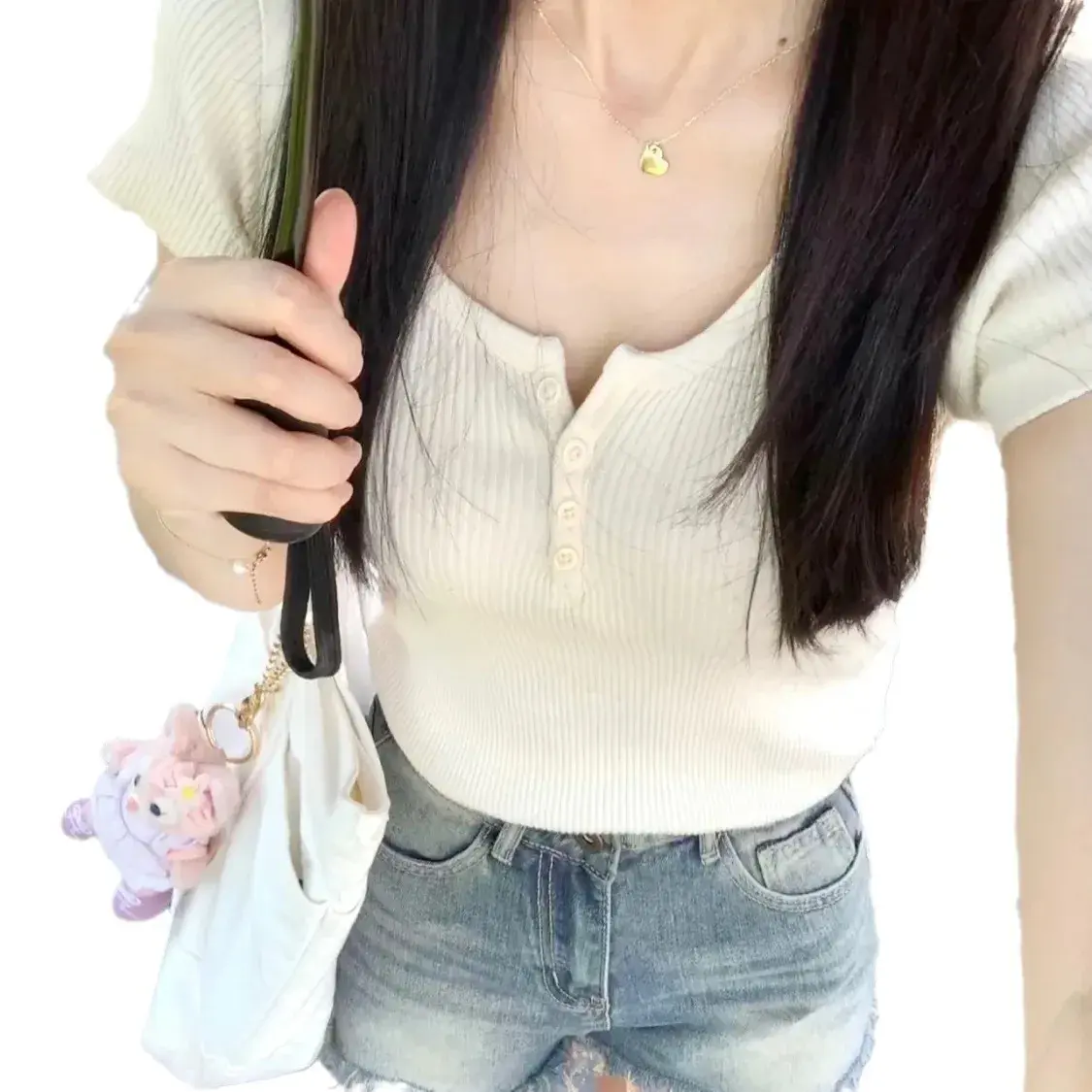 BM Slimming Desire Aesthetic T-Shirt Women's Casual Elegant Short Sleeves Solid Color Polyester Fiber Top Versatile Summer Style