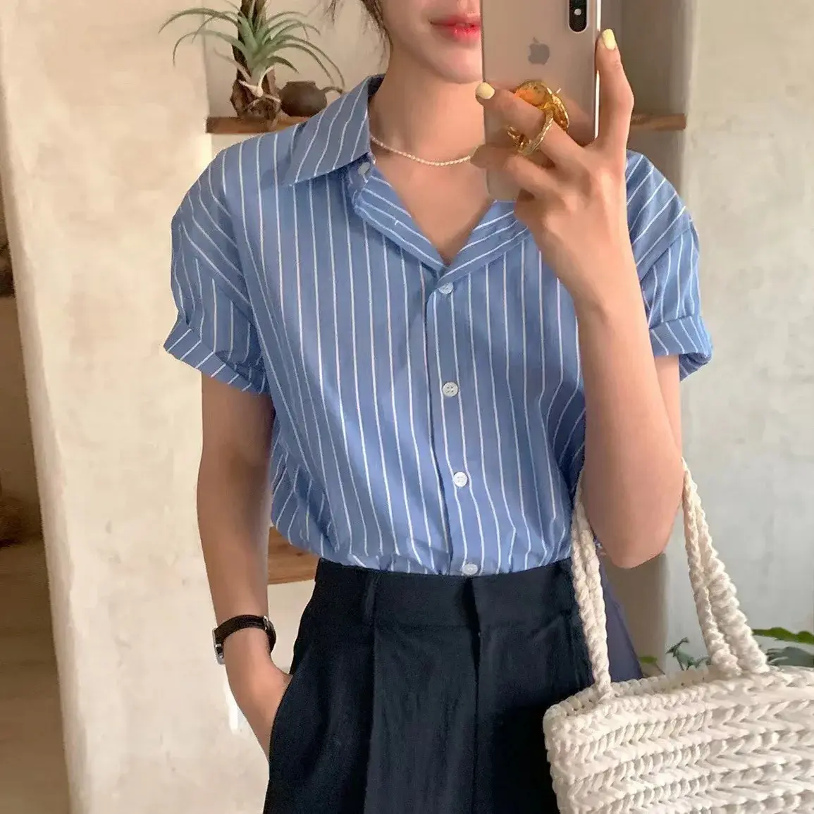 Korean Style Chic Striped Short Sleeve Shirt Casual Single Button Women's Shirt Daily Wear Simple And Stylish Polo Collar