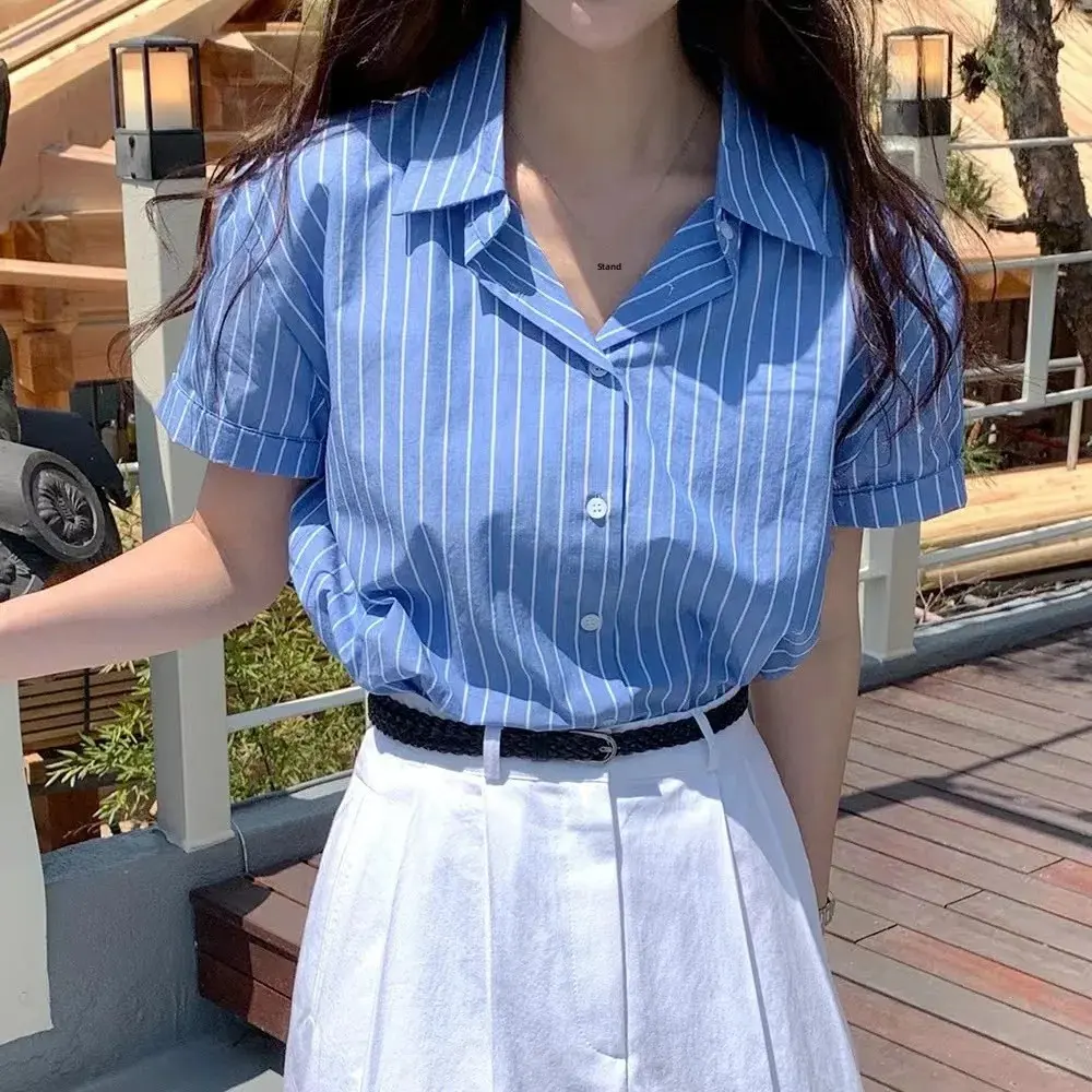 Korean Style Chic Striped Short Sleeve Shirt Casual Single Button Women's Shirt Daily Wear Simple And Stylish Polo Collar