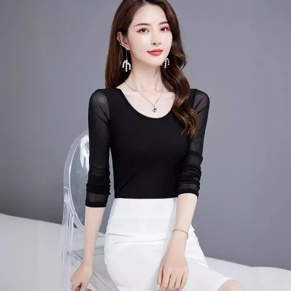 Korean Style Women's T-shirt 2021 Spring Autumn New Solid Color Basic Round Neck Mesh Base Layer Top Five Sleeve Length
