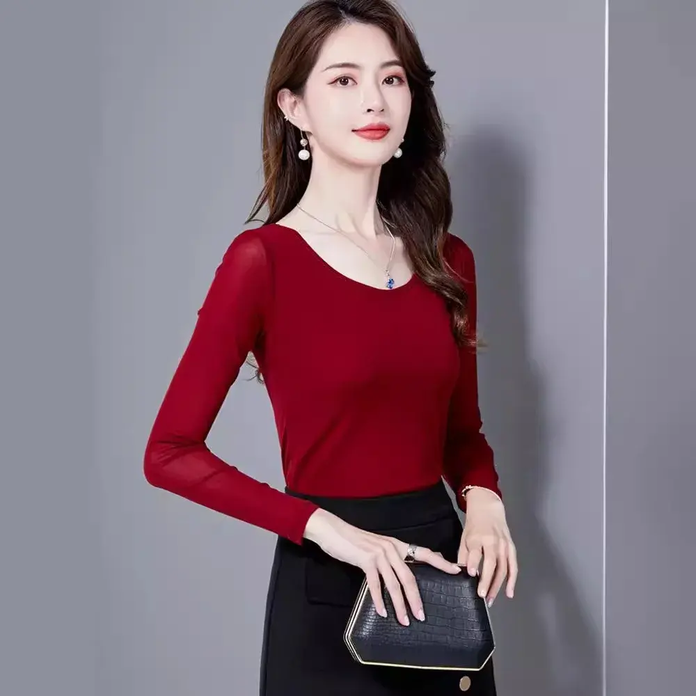 Korean Style Women's T-shirt 2021 Spring Autumn New Solid Color Basic Round Neck Mesh Base Layer Top Five Sleeve Length