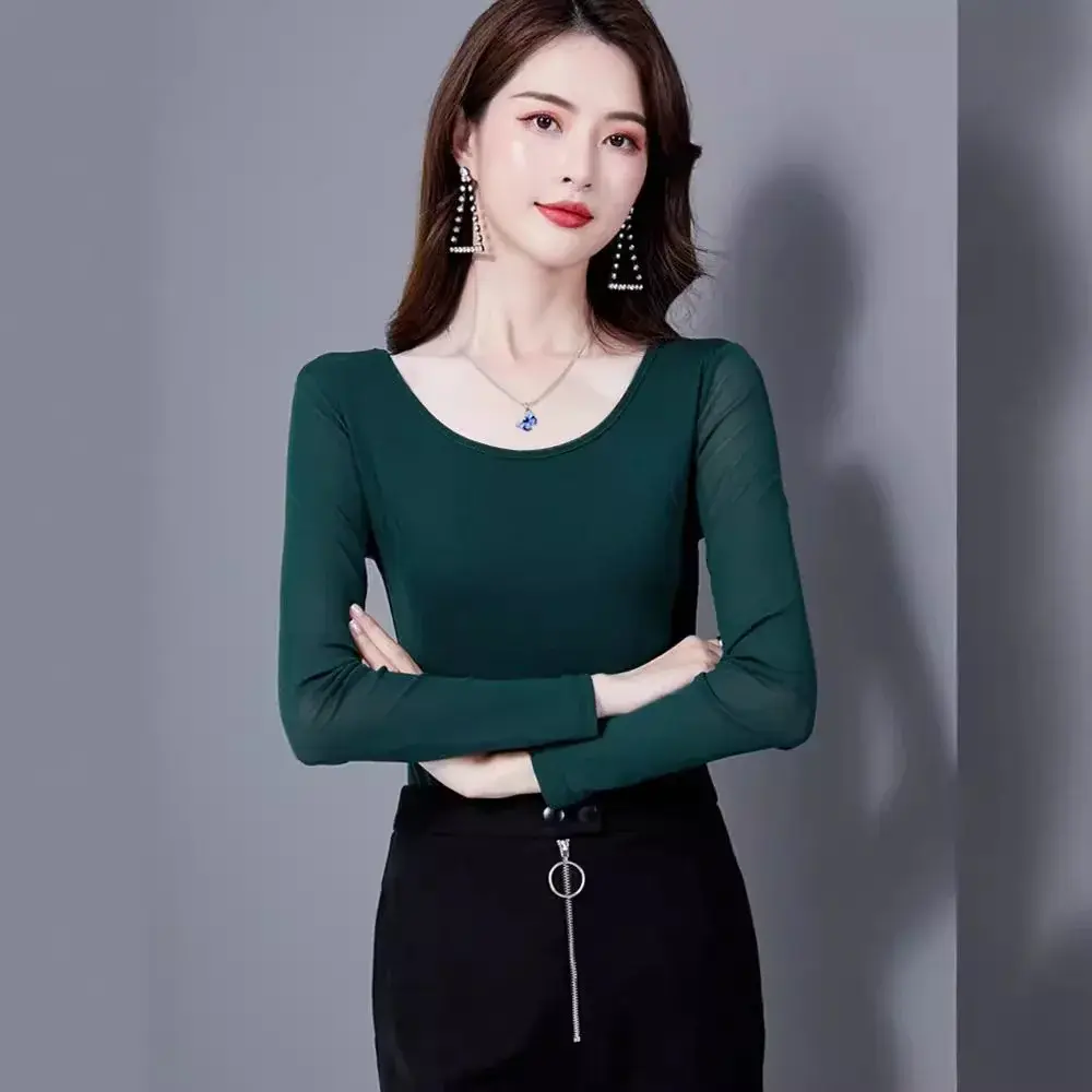 Korean Style Women's T-shirt 2021 Spring Autumn New Solid Color Basic Round Neck Mesh Base Layer Top Five Sleeve Length