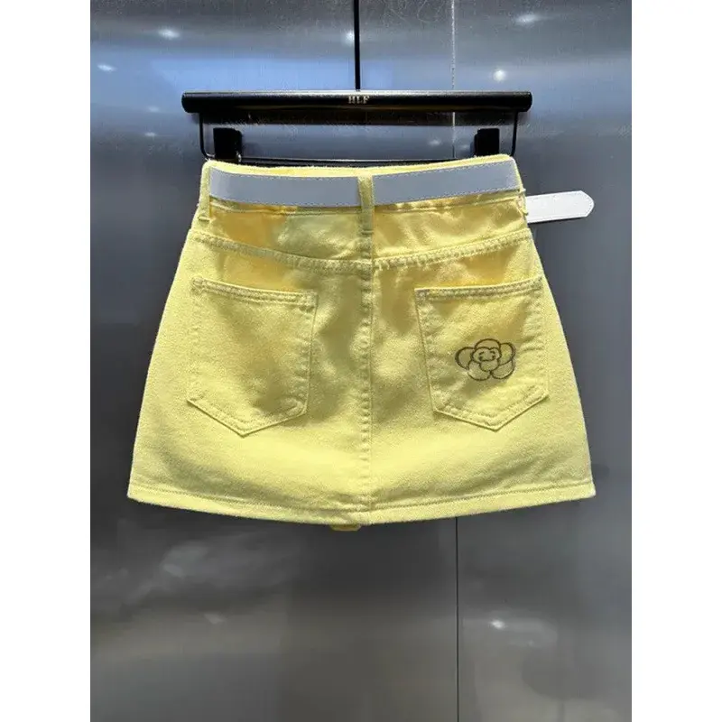 Yellow Korean Style Versatile Denim Mini Skirt Women Summer New Embroidery Design Sensation Anti-Light A- Line Short Skirt
