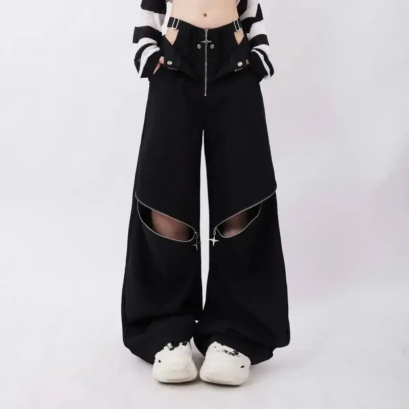 American Retro Hot Girl Black Work Pants Women Y2K Zipper Design Loose Long Casual Trousers Female Model Recommendation