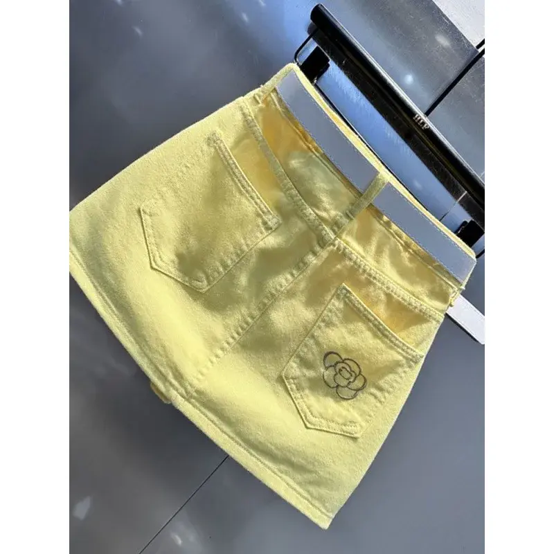 Yellow Korean Style Versatile Denim Mini Skirt Women Summer New Embroidery Design Sensation Anti-Light A- Line Short Skirt