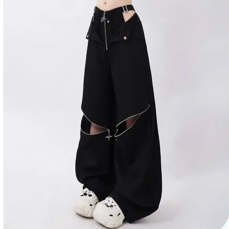 American Retro Hot Girl Black Work Pants Women Y2K Zipper Design Loose Long Casual Trousers Female Model Recommendation
