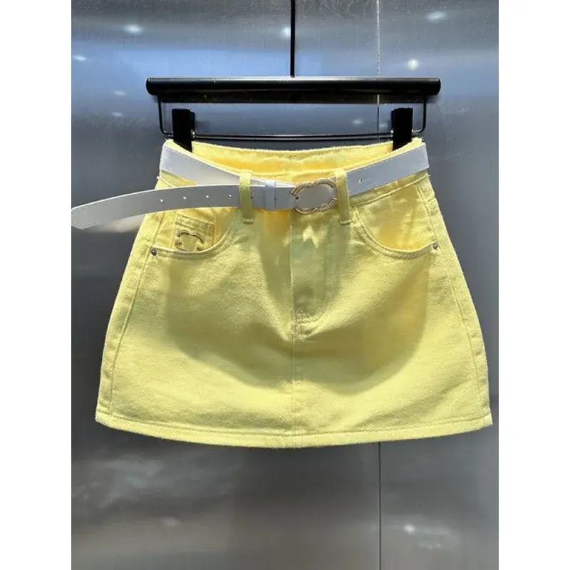 Yellow Korean Style Versatile Denim Mini Skirt Women Summer New Embroidery Design Sensation Anti-Light A- Line Short Skirt