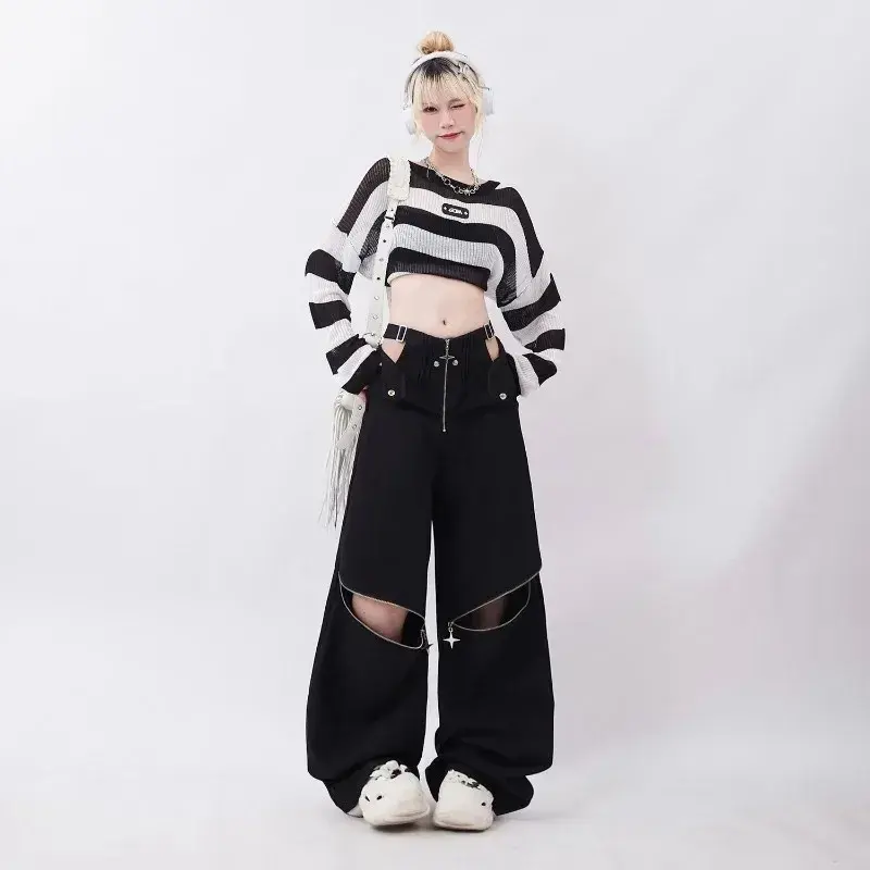 American Retro Hot Girl Black Work Pants Women Y2K Zipper Design Loose Long Casual Trousers Female Model Recommendation