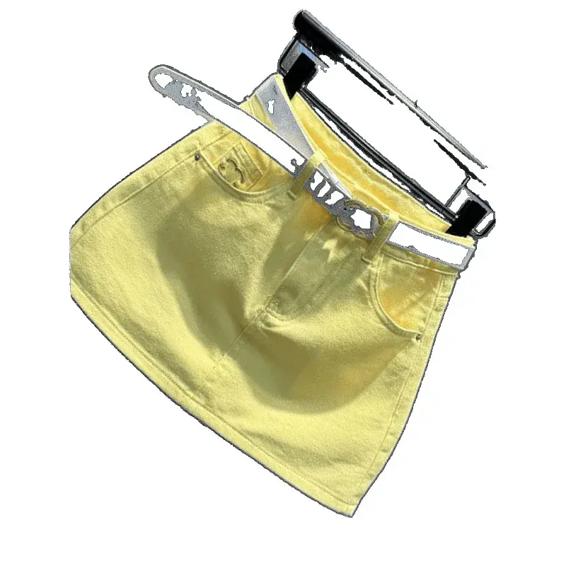 Yellow Korean Style Versatile Denim Mini Skirt Women Summer New Embroidery Design Sensation Anti-Light A- Line Short Skirt