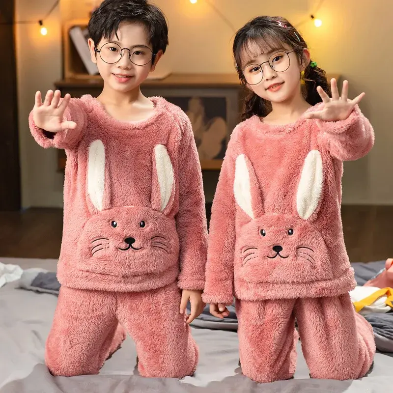 Winter Flannel Cotton Children's Pajamas Cute Boys Girls Thickened Coral Fleece Home Clothes For Medium To Large Children