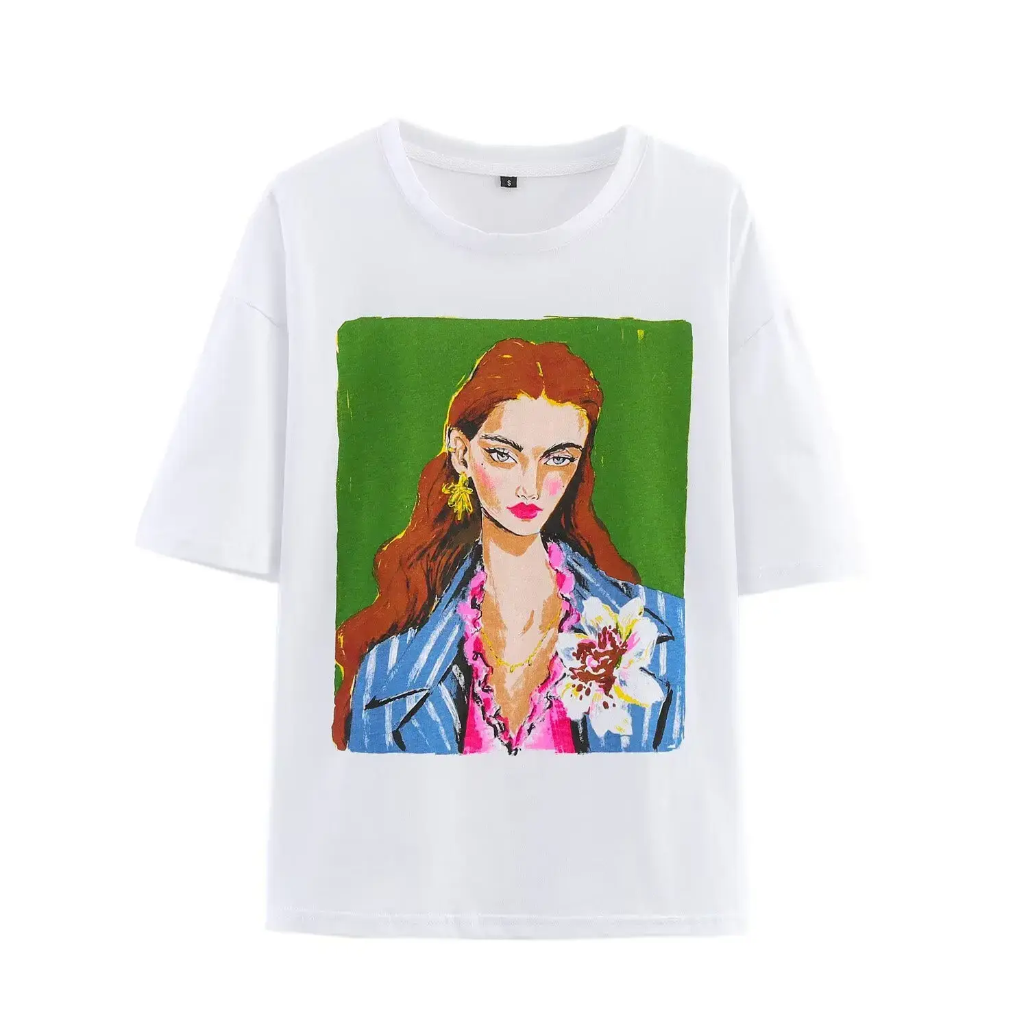 ZR Women's round Neck Short Sleeve T-shirt Spring 2025 Classic Chest Letter Print Casual Polyester Fiber Regular Sleeve
