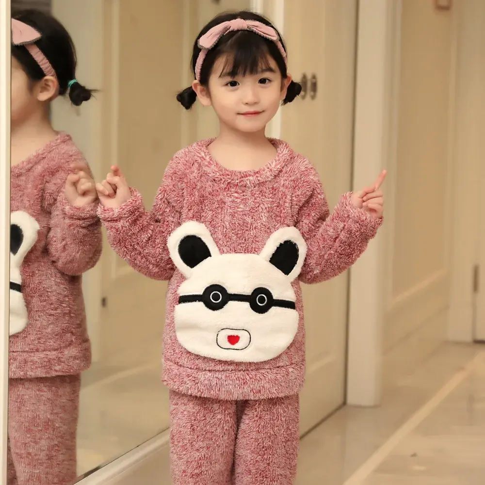 Winter Flannel Cotton Children's Pajamas Cute Boys Girls Thickened Coral Fleece Home Clothes For Medium To Large Children