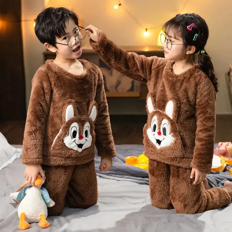 Winter Flannel Cotton Children's Pajamas Cute Boys Girls Thickened Coral Fleece Home Clothes For Medium To Large Children