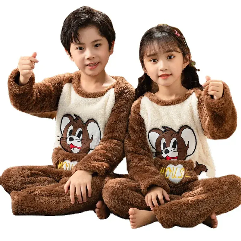 Winter Flannel Cotton Children's Pajamas Cute Boys Girls Thickened Coral Fleece Home Clothes For Medium To Large Children