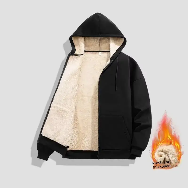 Winter Warm Fleece-Lined Thickened Sheep Velvet Sweatshirt Men's Versatile Cardigan Zip-Up Casual Loose Fit Warm Clothing