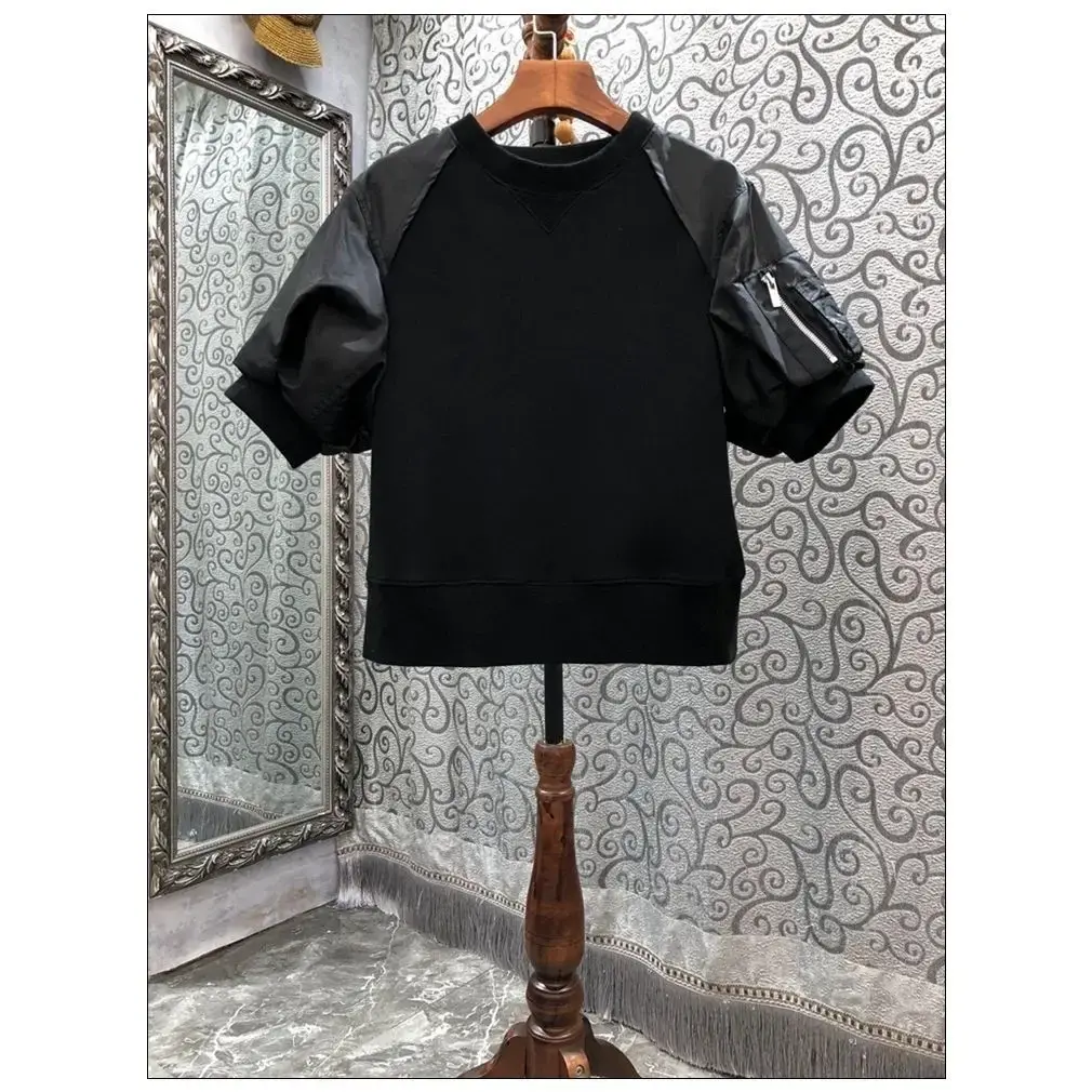 In Stock 2023 Early Autumn New Style Women's Clothing Simple Color Blocking Puff Sleeve Sweatshirt Fashionable Versatile Top