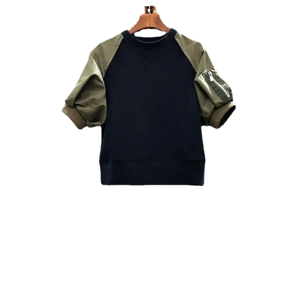 In Stock 2023 Early Autumn New Style Women's Clothing Simple Color Blocking Puff Sleeve Sweatshirt Fashionable Versatile Top