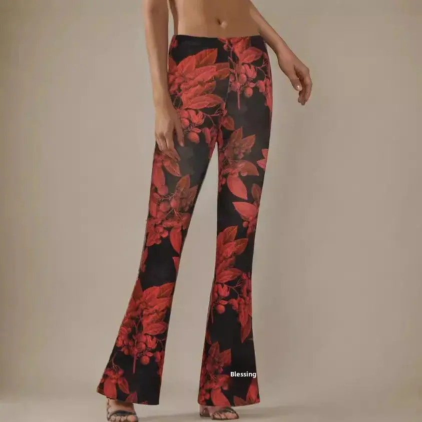 Summer New Floral Digital Print Bell Bottom Elastic Tight Large Mouth Long Casual Pants Women's Full-Length Trousers