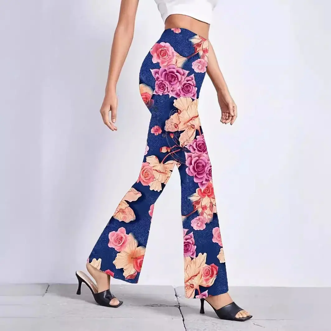 Summer New Floral Digital Print Bell Bottom Elastic Tight Large Mouth Long Casual Pants Women's Full-Length Trousers